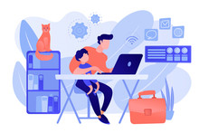 Freelancer With Child Working On Laptop. Parent Working With Son. Home Office. Remote Worker, Employee Schedule, Flexible Schedule Concept. Pink Coral Blue Vector Isolated Illustration
