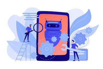 Wall Mural - Developers with wrench work on chatbot application development. Chatbot app development, bot development framework, chatbot programming concept. Pinkish coral bluevector isolated illustration