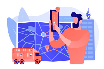 Wall Mural - GPS tracker on postal agent truck. Watching delivery in real time. Post service tracking, parcel monitor, track and trace your shipment concept. Pinkish coral bluevector isolated illustration