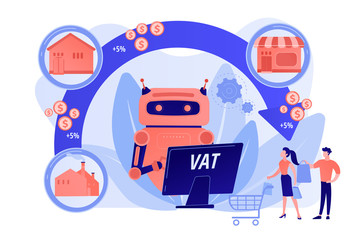 Sticker - Artificial intelligence, ai calculating taxation multiplier. Value added tax system, VAT number validation, global taxation control concept. Pinkish coral bluevector isolated illustration