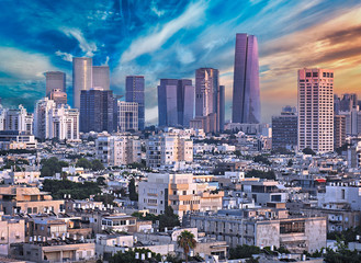Fototapete - Amazing Cityscape with Epic Sky in Tel Aviv, Israel