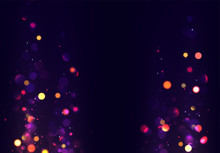 Bokeh Sparkle Glitter Lights Background. Defocused Circular . Magic Christmas Gold And Purple, Blue And Orange Background.