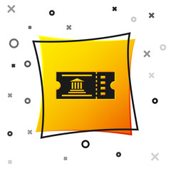 Black Museum ticket icon isolated on white background. History museum ticket coupon event admit exhibition excursion. Yellow square button. Vector Illustration