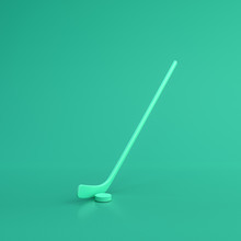 Green Sport Equipment Hokey Stick And Puck On Green Background, Solid Background, Flat Background, Single Color, 3d Rendering