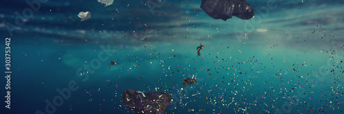 Cuadros en Lienzo plastic pollution in ocean water, microplastics in the current