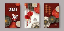 2020 Chinese New Year Of The Rat. Set Of Vertical Vector Banners, Posters, Leaflet, Flyers. Cute Rat, Lanterns, Round Decorative Fans. Golden, Red, White Colors. Chinese Translate Happy New Year