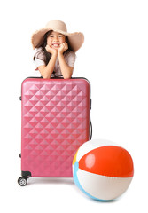 Sticker - Cute girl with suitcase and inflatable ball on white background