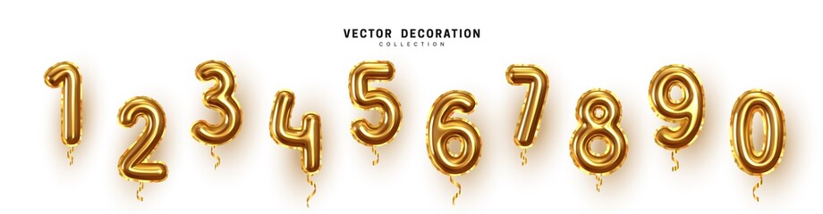 Golden Number Balloons 0 to 9. Foil and latex balloons. Helium ballons. Party, birthday, celebrate anniversary and wedding. Realistic design elements. Festive set isolated. vector illustration