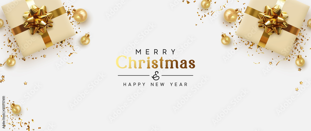 Holiday banner Merry Christmas and Happy New Year. Xmas design with realistic objects, beige gift box, golden balls, stast tinsel, glitter gold confetti. Festive horizontal poster, flat top view - obrazy, fototapety, plakaty 