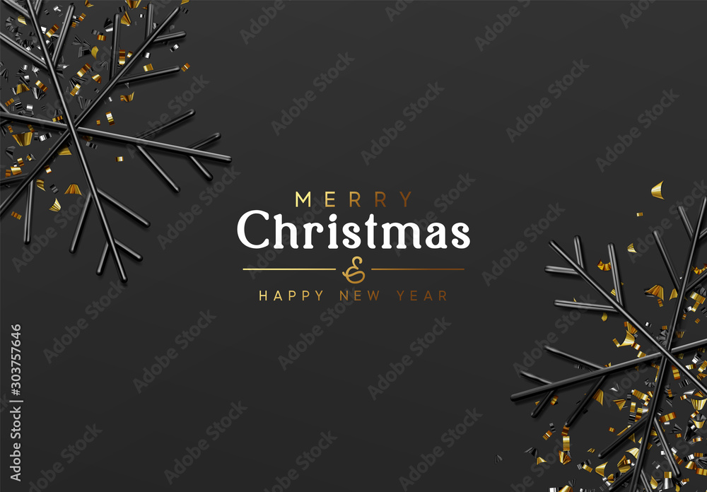 Merry Christmas and Happy New Year. Dark background with glitter gold confetti, 3d render black snowflakes. Minimal Xmas design. vector illustration - obrazy, fototapety, plakaty 