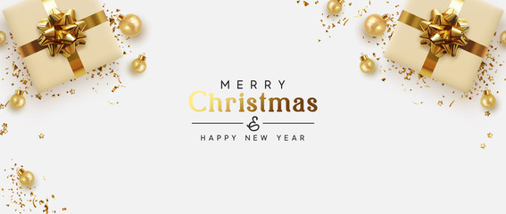 Wall Mural - holiday banner merry christmas and happy new year. xmas design with realistic objects, beige gift bo