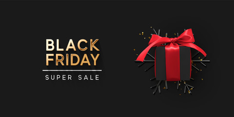 Wall Mural - Black Friday Super Sale. Realistic black gifts boxes. 3d snowflake with glitter gold confetti, gift box with red bow. Dark background golden text lettering. Holiday banner, poster. vector illustration