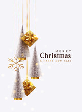 Merry Christmas And Happy New Year. Background With Realistic Festive Gifts Box. Christmas Lush Tree Silver Color. Xmas Present. Golden Baubles, Balls, Glitter Gold Confetti. Metallic Bronze Snowflake