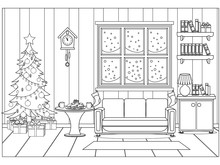 Coloring Book For Kids And Adults In The Form Of A Vector Room Prepared For The Celebration Of The New Year And Christmas.