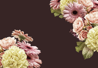 Floral banner, cover or header with vintage bouquets. Yellow peony, gerbera, pink roses isolated on dark background. 