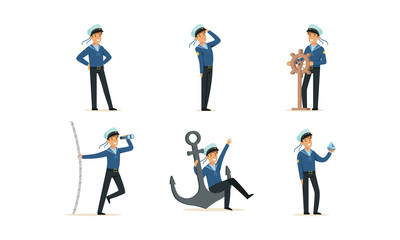 Sticker - Sailor Character on Board Doing Work Vector Illustrations Set