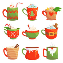 Traditional Christmas Drinks Flat Vector Illustrations Set