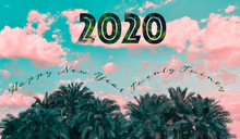 Tropical Pink And Green Sunset Happy New Year 2020 Palm Tree Banner Backround