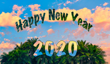 Tropical Sunset Happy New Year 2020 Palm Tree Banner Backround