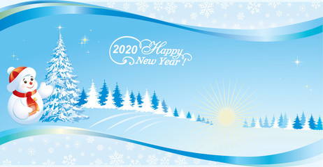 Happy New Year 2020. Christmas tree and snowman on background of nature with a wavy pattern and snowflakes. Vector illustration