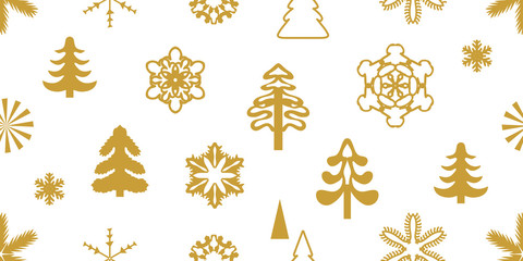 Wall Mural - Golden snowflakes and fir trees with ornaments. 