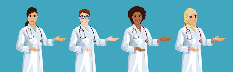 Wall Mural - Set of smiling European, African American, Asian and Arab female doctors. Cute women wearing a lab coat stands and points by palm. Vector illustration isolated on the blue background