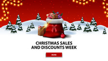 Christmas Sales And Discount Week, Red Discount Banner With Cartoon Winter Forest With Spruces, Red Starry Sky, Button, Garland And Santa Claus Bag With Presents
