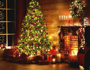 Wall Mural - interior christmas. magic glowing tree, fireplace, gifts in dark