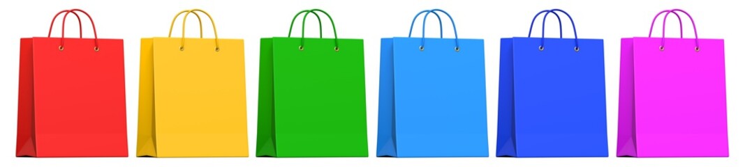 Realistic colorful paper shopping bags set in a row, isolated on white background. 3D rendering illustration of Multicolored empty shopping bags for retail and advertising design