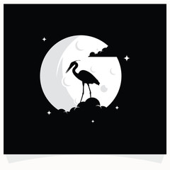 Poster - Heron Silhouette with Moon Background Logo Design Template