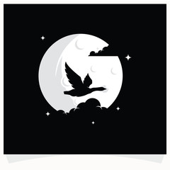 Poster - Flying Duck Silhouette with Moon Background Logo Design Template