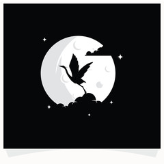 Poster - Heron Silhouette with Moon Background Logo Design Template