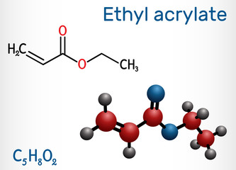 Poster - Ethyl acrylate molecule. Structural chemical formula and molecule model