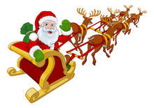 Santa Claus In His Christmas Sleigh With Reindeer Flying Through The Air