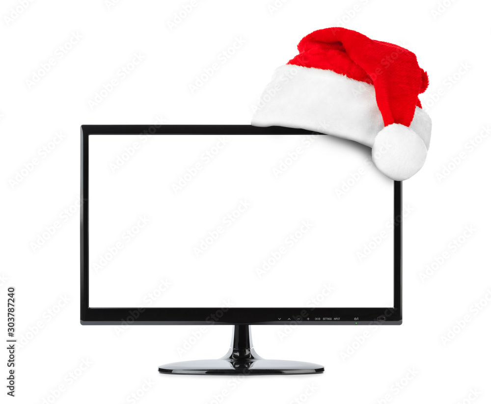TV and Santa Claus red christmas hat - obrazy, fototapety, plakaty 