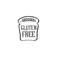 Gluten free- hand drawn isolated logo element with wheat ears, slice of bread.Unique design for signboards, food packaging and identity and web sites. Logotypes created with rough effect. Vector illus