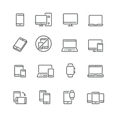 Mobile devices related icons: thin vector icon set, black and white kit