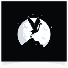 Poster - Heron Silhouette with Moon Background Logo Design Template