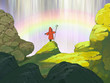Original fantasy hand drawn illustration of an beautiful waterfall background with a little figure in red cloak standing in front of a rainbow
