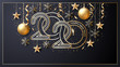 Happy New Year 2020. Vector. Christmas star. Greeting Card. Golden inscription on a black background. Confetti, golden balls and ribbons. Template for the design of greetings, invitations.