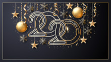 Happy New Year 2020. Vector. Christmas Star. Greeting Card. Golden  Inscription On A Black Background. Confetti, Golden Balls And Ribbons.  Template For The Design Of Greetings, Invitations.