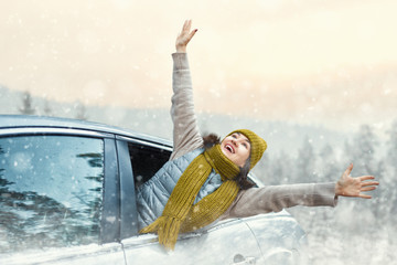 woman is relaxing and enjoying road trip