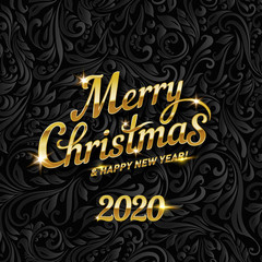 Poster - Merry Christmas Golden Text Calligraphic Lettering Design Card Template. Suitable for Holiday Greeting Gift Poster. Calligraphy Font style Banner on Seamless Abstract Black Floral Vine Pattern