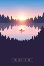 Lonely Canoeing Adventure With Orange Boat At Sunrise On The Lake Vector Illustration EPS10