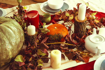 Sticker - Beautiful autumn table decor with green pumpkin