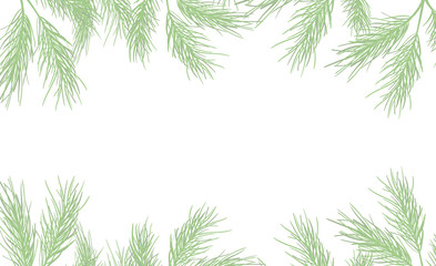  hand drawn border with green spruce, fir and snow flacke on white background for Christmas and Happy New Year greeting cards