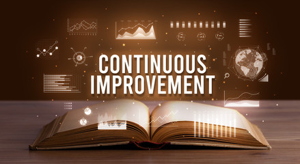 Wall Mural - CONTINUOUS IMPROVEMENT inscription coming out from an open book, creative business concept