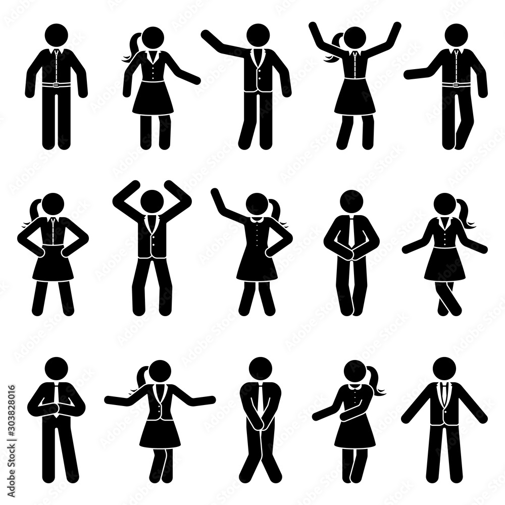 Stick figure business man and woman standing front view different poses ...