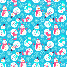 Seamless Vector Pattern With Snowmen And Snowflakes. Winter Holidays Background.