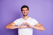 Close-up Portrait Of His He Nice Attractive Lovely Cheerful Cheery Glad Brunette Guy Showing Hands Gesture Heart Shape Love You Forever Isolated On Purple Violet Lilac Color Pastel Background